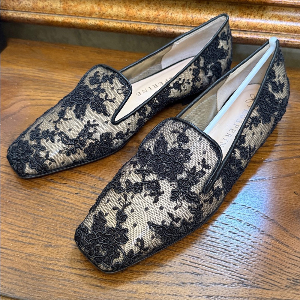 Prosperine Black Lace-Overlay Nude Loafers. Size 37 1/2. Made in Italy.
